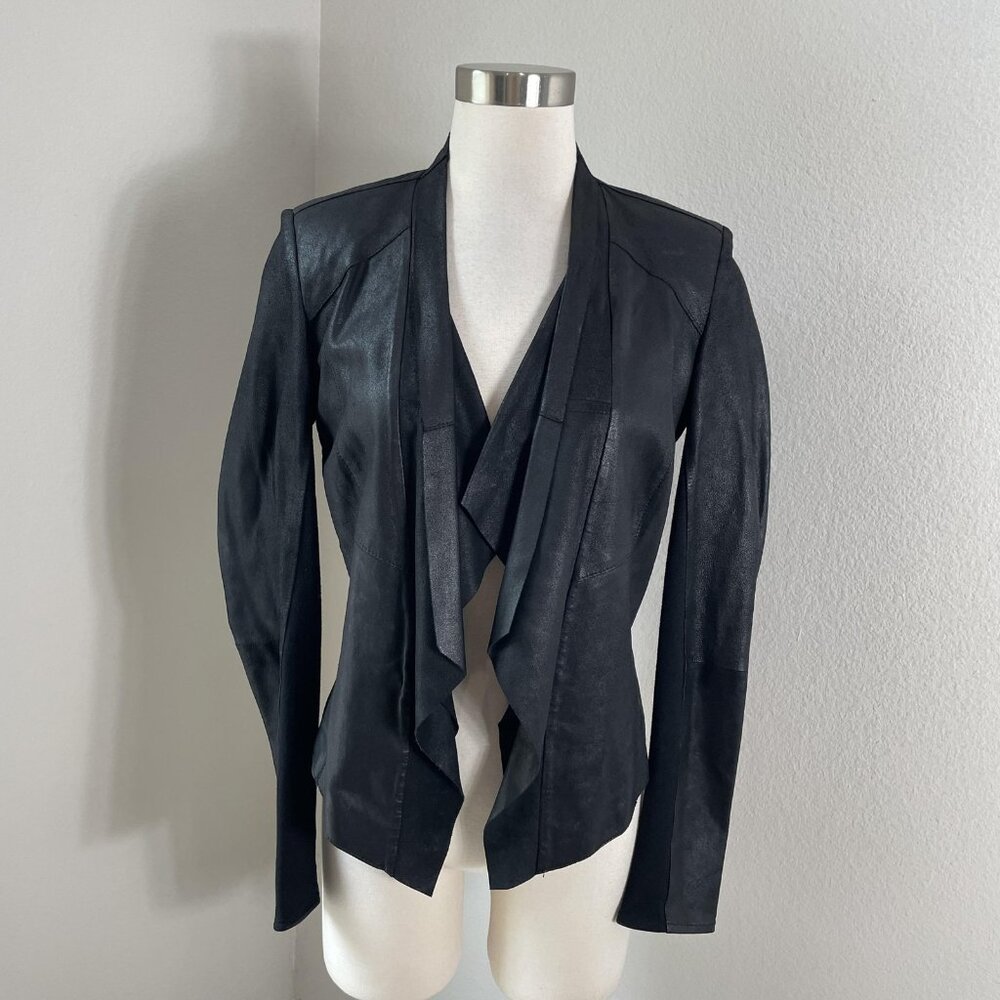 Lamarque Jacket Womens‎ 2 Black 100% Leather Draped Waterfall Collarless